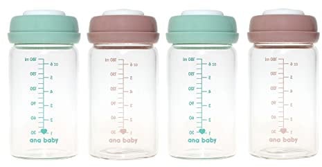 ana baby Lot de 4 bouteilles de conservation en verre pour lait maternel, 180 ml, passent au lave-vaisselle, au congélateur et au micro-ondes