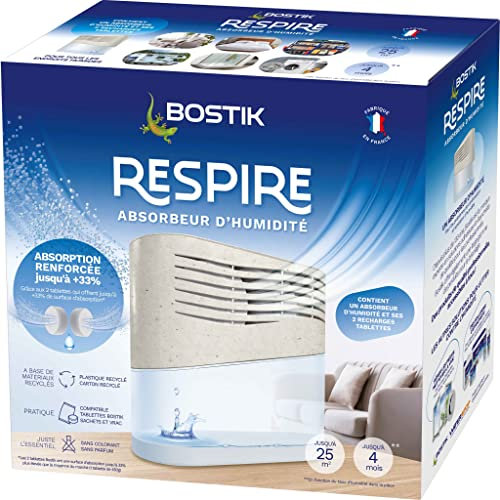 Bostik RESPIRE Luftentfeuchter, Luftentfeuchter für Haus, Wohnung und Wohnwagen, für Räume bis 25m², Inklusive 2 Nachfülltabs je 250g