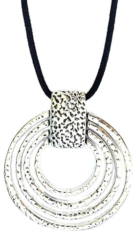 ASTER ALHELÍ - Große Damen Halskette mit Silberner Spirale - konzentrische Kreise Kette mit Schwarzem Wildlederband - Lange Kette Damen Verstellbare Höhe - Ideal als Geschenk - Großer Anhänger Frau