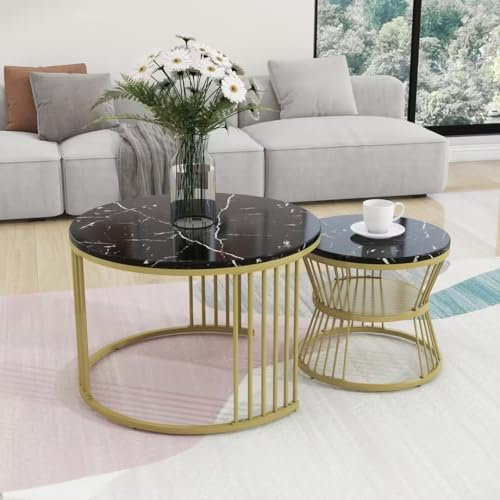 BTM Table Basse Gigogne, Table Basse Ronde en marbre placage, Canapé Côté Table Imbriquée, Table d'extrémité Ronde, Set de 2, Cadre Doré, Noir