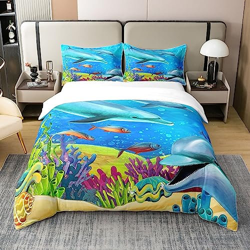 100% Baumwolle Delphin Tröster Abdeckung 155x220,Unterwasser Welt Bettbezug,Bunte Fisch Bettwäsche Set,Meeresleben Ozean Theme Bett Set,Seetang Reef Microfiber Moderne Quilt Cover für Mädchen Jungen