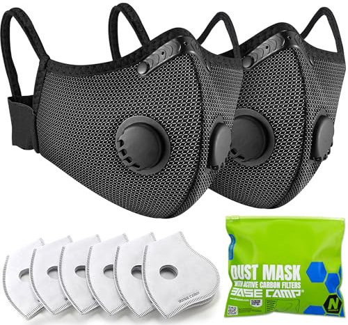 BASE CAMP Upgrade M Plus Mesh Silber und Schwarz Staubmaske, Atmungsaktive Wiederverwendbare Staubgesichtsmaske mit Ventilen und 6 Aktivkohlefilter (2 Silber)