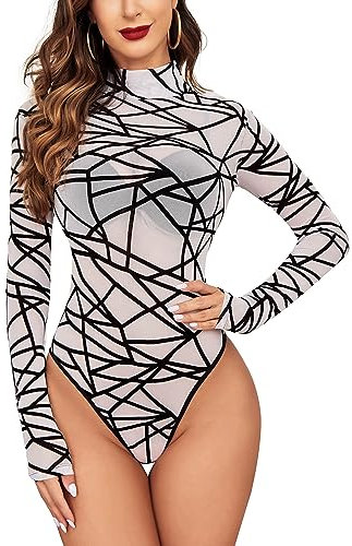 Avidlove Damen Body Sexy Bodysuit Elegant Mesh Top Langarm Formende Bodys Rollkragen Oberteil Dessous Babydoll Weiß XXL