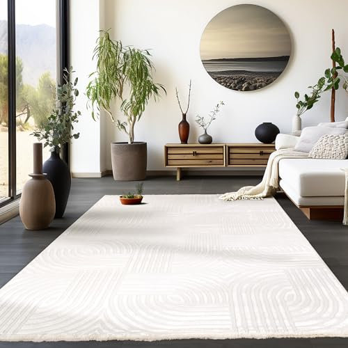 HomebyHome Kurzflor Teppich Wohnzimmer Creme 3D Teppich Skandinavisches Stil Modern Teppiche 240 x 340 cm - Boho Teppich Schlafzimmer Küchenteppich Waschbar Boho Design Weicher Wohnzimmerteppich