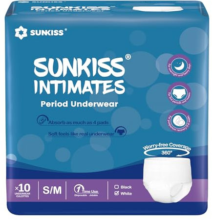SUNKISS INTIMATES Bragas Menstruales Desechables para Mujer con Flujo Abundante, Braguitas Postparto Mujer a Prueba de Fugas, Blanco, Talla S/M, 10 Unidades