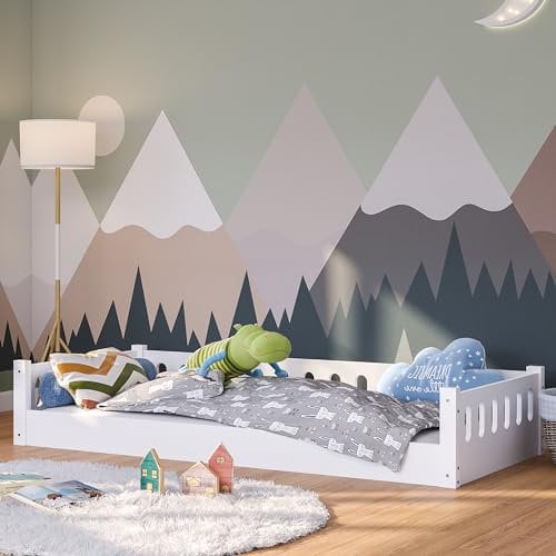 Bellabino Bodenbett Miera 90x200 cm, Montessori Kinderbett weiß, Bett für Kinder inkl. Rausfallschutz und Rolllattenrost mit offener Seite aus MDF