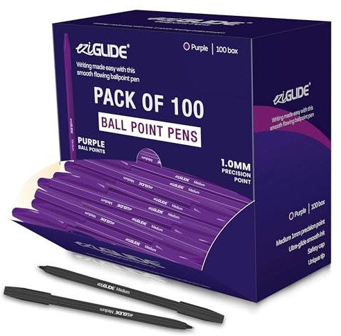 Eziglide Lot de 100 stylos à bille violets - Pointe moyenne (1,0 mm) pour une écriture fluide et une prise en main facile - Idéal pour l'école, la maison, le travail, les examens et la papeterie