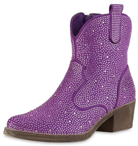 VAN HILL Damen Cowboy Boots Trichterabsatz Strass Trendy Schuhe 214276 Lila 38