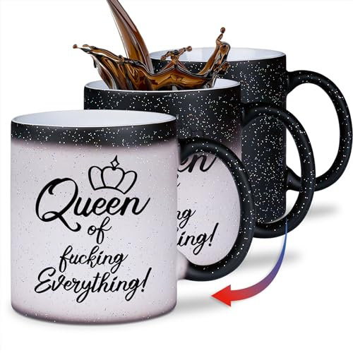 glitzertassen.de® | Queen of fucking everything | Farbwechseltasse mit Glitzer | Geschenkidee | Lustige Sprüche | Magic-Tasse | Keramik | 330 ml
