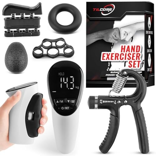 Misuratore e Allenatore di Forza di Presa di Tilcore - Dinamometro per la Forza di Presa con Rafforzatori della Presa, Esercitatore, Fascia di Resistenza, Esercitatore per le Dita e Presa ad Anello