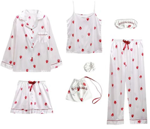 Jamron Damen 7PCS Satin Pyjama Set Frühling Sommer Herbst Tops & Kurze Hose Nachtwäsche SN07655 Weiß Erdbeere M