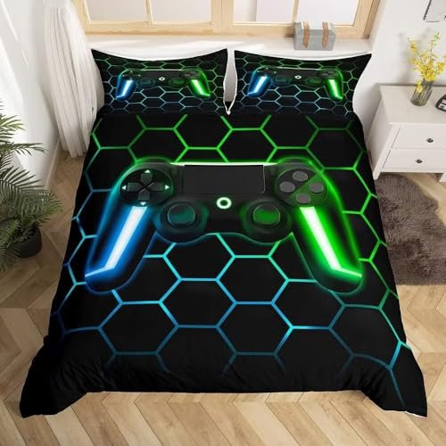 Tabeskly Hexagon Raum Geometrie Gamer Gaming Jungen BettwäSche Kinder Playstation KinderbettwäSche Bed Duvet Cover Bedding Set Schwarz Grün 200×200cm