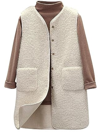 Fleece Women Long Body Warmer for Women UK Button Womens Fleece Tops Sleeveless Pockets Ladies Jackets Size 18 V Neck Lined Vest Long Waistcoat for UK Beige