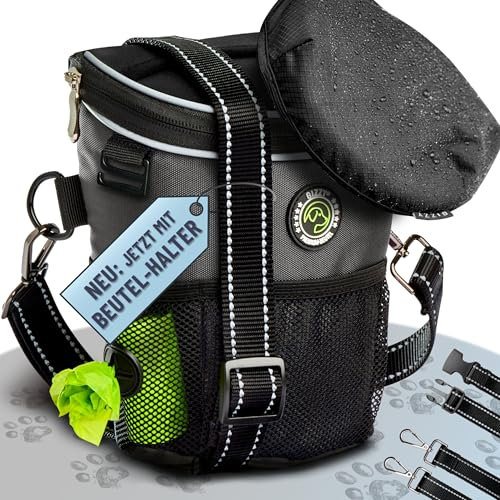GIZZY® DAS ORIGINAL | Leckerlitasche für Hunde + REGENHAUBE | Leckerlibeutel für Hunde mit praktischer Einhand-Öffnung | Hunde Leckerlitasche für Training & Welpenerziehung | Gassi Tasche Hund [Grau]