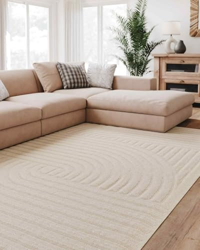 Interiyou Teppich Wohnzimmer Lecce - 240x340 cm Creme - Für Schlafzimmer, Esszimmer, Kinderzimmer - Kurzflorteppich skandinavisches Boho Muster - Hoch-Tief Effekt - Flach mit Geometrischem Muster