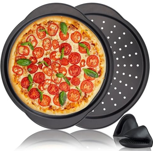 hunnycook Bandeja para pizza de 13 pulgadas, paquete de 2 bandejas de acero al carbono para hornear pizza con guantes de silicona, bandejas de pizza para horno antiadherentes, placa redonda perforada