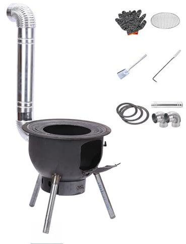 Stufa a Legna Portatile da Campeggio, Fornello da Esterno con Canna Fumaria per Esterno, Campeggio, Cottura(58 * 59cm)