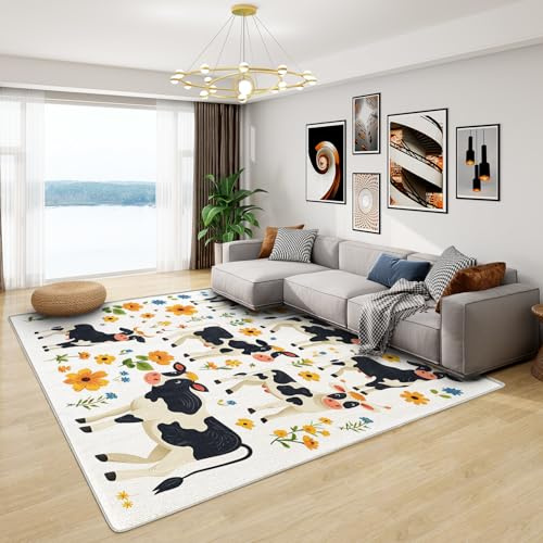 Teppich Kinderzimmer Kuh - Teppich Wohnzimmer Schlafzimmer Blumenmuster, Großer Teppich Süßer Cartoon, Weich Kurzflor & Waschbar & rutschfest Wohnzimmerteppich, Kinderteppich, 140x200 cm