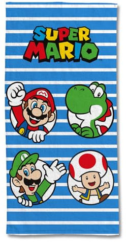 SUPER MARIO - Serviette De Plage Mario Luigi Toad et Yoshi 75x150 cm - 100% Coton - 300 GSM - Bleu