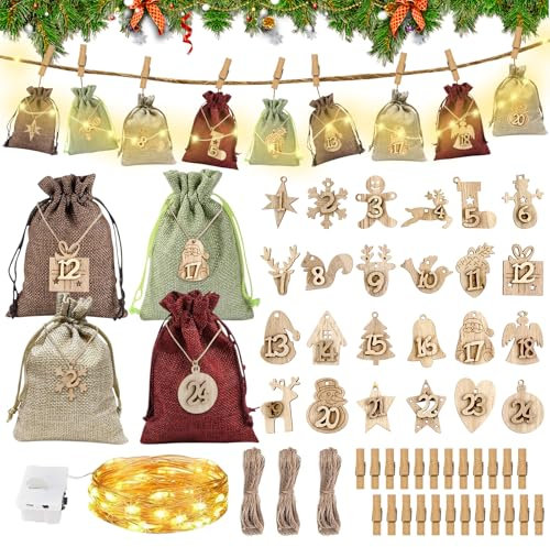 24 Adventskalender zum Befüllen mit Lichterkette, Stoffbeutel Adventskalender, LED Zahlen Anhänger Adventskalender, DIY Adventskalender, Adventskalender Selber Befüllen