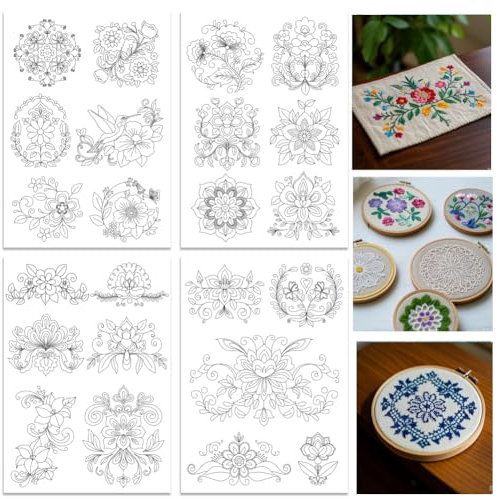 ORIGACH 4 Blatt Groß Stickvorlagen Wasserlöslich, Skandinavische Blumen Stickvorlagen Wasserlöslich für DIY Projekte Selbstklebend Stickaufkleber Stickvorlagen Kreuzstich Sticken Für Anfänger