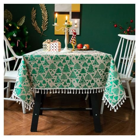 Tischdecke Abwaschbar Grün, Leinen Tischdecke Abwaschbar Weihnachtsbaum Mit Quaste Tablecloth Rechteck 90x140CM