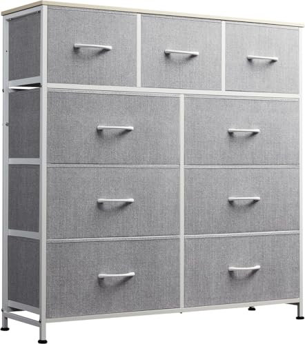 WLIVE Kommode mit 9 Schubladen aus Stoff, Kommodenschrank für Schlafzimmer, Kommode Flur Wohnzimmer, mit Stabiler Metallrahmen, Hellgrau