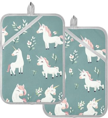 Foiosoh Topflappen-Sets für die Küche, hitzebeständige Einhörner, Salbeigrün, Topflappen mit Taschen, Hot Pan Holders für Küche, Backofen, Pad, 2 Stück