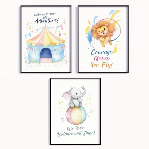 MJ-GRAPHICS® Poster Zirkus Bild Kinderzimmer Löwe Elefant Poster Babyzimmer Wandbilder Affirmation Spielzimmer Zirkuszelt Deko Jungen Mädchen Abenteuer Motivation Poster Set Wanddeko - A4 ohne Rahmen