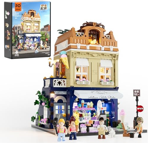 FUNWHOLE Stadtleben Eisdiele Klemmbausteine Haus,Modular Building mit Beleuchtung,F9078,Gelato Store