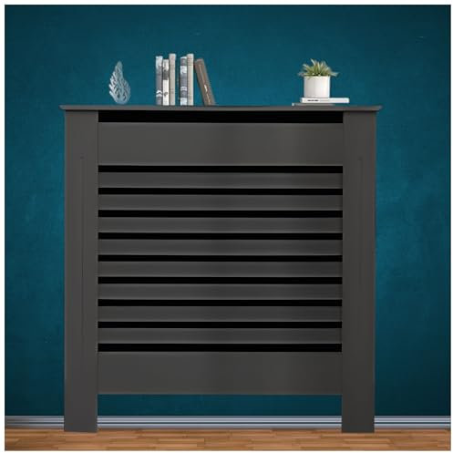 Modern Slatted Radiator Cover with Shelf, MDF Wood Cabinet Heating Cover for Living Room, Bedroom, and Hallway, Horizontal Slats, Decorative Heater Cover with Horizontal Panels (Grey, Small)