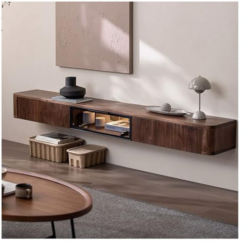 Shelf with Storage Luxury Floating TV Stand with Drawers & Display Cabinet Wood Wall Mounted Entertainment Center Modern Media Console for Under TV Wall Hanging TV Bench for Living Room & Bedroom Cabi