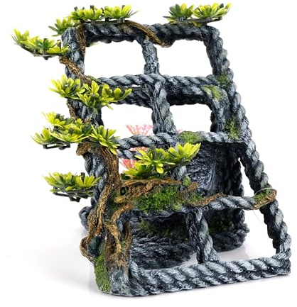 CLASSIC Maritime Rope with Plants Aquarium Ornament – Nautical-Themed Fish Tank Decoration – 150 x 180 x 180mm