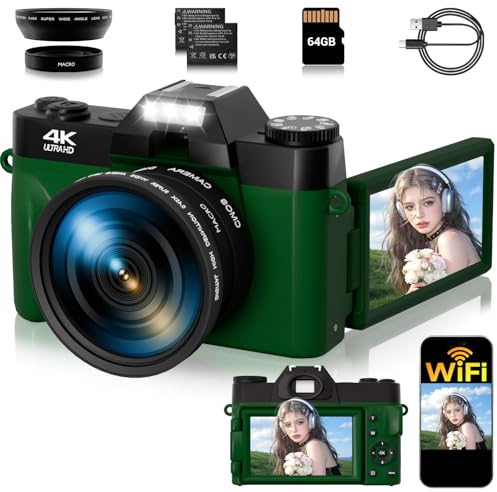 4K Digitalkamera für Fotografie, 75MP WiFi Vlogging Kamera für YouTube, 3 Zoll 180° Flip Screen Point and Shoot Kamera mit 64GB SD-Karte, 2 Batterien, Kompakte Reisekamera für Anfänger