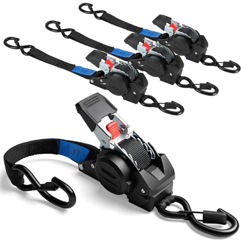 TLGREEN Automatik Spanngurt 4 Stück, 3 m x 25mm, Selbstaufrollende Spanngurte mit S Haken, 748kg Bruchfestigkeit, Zurrgurt für LKW, Anhänger, Motorrad, Fahrrad & Mehr, Ratschengurt Schwarz
