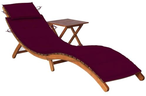 HaoChrymec Sonnenliege mit Tisch und Auflage Akazien-Massivholz, Ergonomische Rückenlehne, Zusammenklappbar, Leichte Sonnenliege für Garten, Strand, Outdoor Liege, Weinrot, 184 x 55 x 64 cm