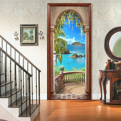 AstraDesign Türtapete „Mittelmeer Terrasse“ 88x200cm – selbstklebende PVC-Folie, Premium Qualität – 3D-Optik, Balkon und Palmen – Wohnzimmer, Flur, Ferienhaus - Türaufkleber - Türfolie - Türposter