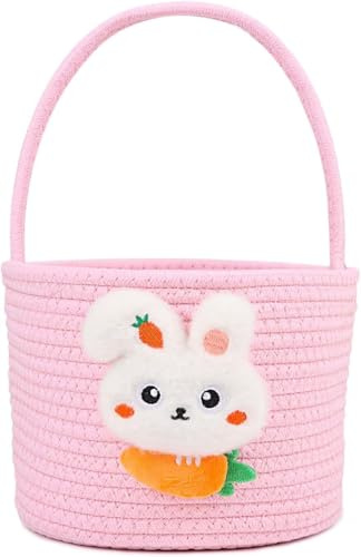 DERAYEE Paniers de Pâques,Panier Tressé Rose avec Poignée,Décoration de Pâques Motif Lapin pour la Chasse aux œufs