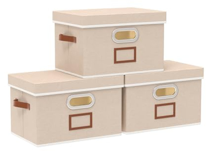 OUTBROS 3 Set Storage Boxes with Lids, Organiser Box 26×20×17cm, Beige | Foldable Organiser Containers for Shelves, Cube Decorative Bins with Handle