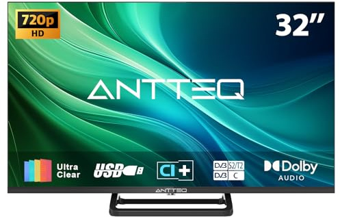 Antteq 32 Inch TV, Central Stand Design TV 720P Freeview HD Dolby Audio DVB T2/S2 LED Television, HDMI USB Media Player Monitor PS5 Xbox, Standard Nonsmart TV Small Screen for Bedroom Kitchen Black