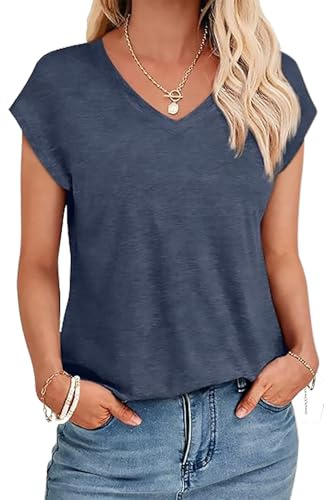 Arevill Womens V Neck T Shirts Cotton Cap Sleeve Summer Tops Blue
