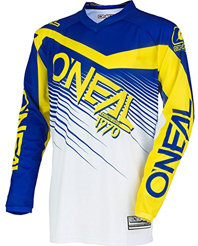 O'NEAL | Motocross-Jersey Langarm | MX Enduro | Gepolsterter Ellbogenschutz, V-Ausschnitt, atmungsaktiv | Element Jersey Racewear | Erwachsene | Blau Gelb | Größe M