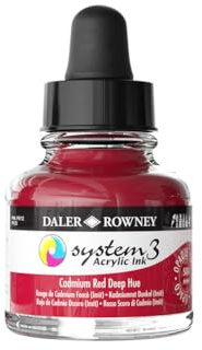 Daler-Rowney System3 Acrylic Ink, Glass Bottle with Dropper, Opaque, 1oz - 29.5 ml, Cadmium Red Deep Hue