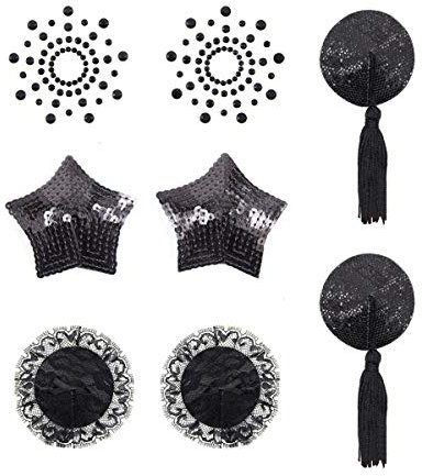 Brustpaste selbstklebend Pasties Pailletten Nippel Cover Aufkleber mit Quaste Dessous Brust Blütenblatt Pasty 4 Styles-schwarz