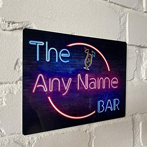 Personalised Bar Sign - Neon effect Printed Metal Sign wall art A4 Bar Add Name