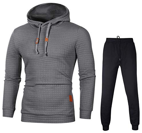 Xmiral Herren Sweatshirt Top + Hosen Herbst Langarm Plaid Hoodie Mit Kapuze T-Shirt Outwear(Dunkelgrau mit Hosen,XL)