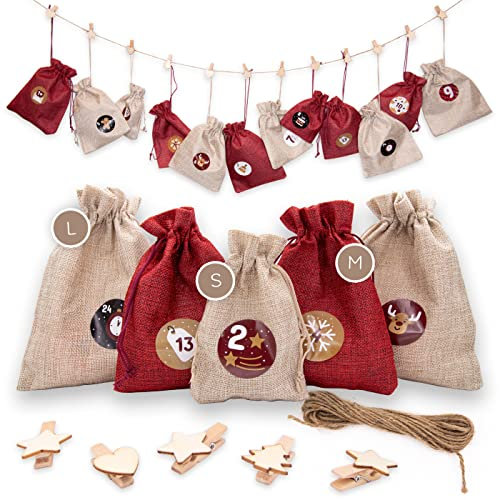 DIY Premium Adventskalender-Set zum Befüllen - 24 beige und rote Stoff-Säckchen mit Zahlen-Aufklebern, Holzklammern und Kordel für Weihnachten