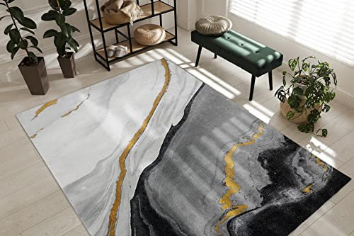 rugsx Exklusiv Emerald Teppich Glamour – Stilvoll, Marmor-Design Schwarz/Gold 160x220 cm Modern Teppich für Wohnzimmer