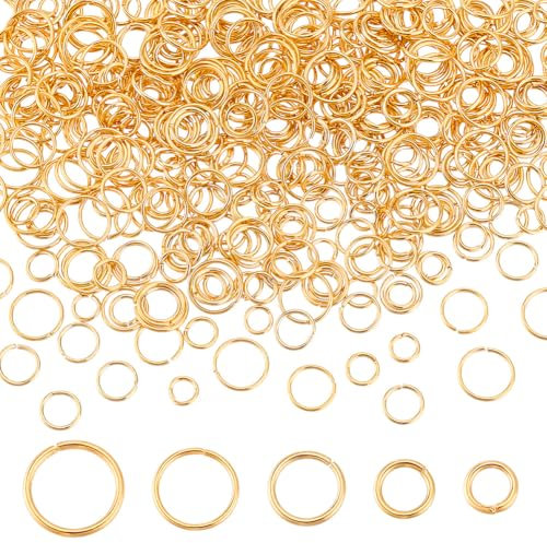 PandaHall 500pcs Offene Sprungringe 5 Arten 18K Vergoldeter Goldener Verbindungsring 4.5/5/6/7/8mm 20/21 Gauge Kleine Schmuckverbinder O-Ringe Für Ohrring Halskette Armband Schmuck