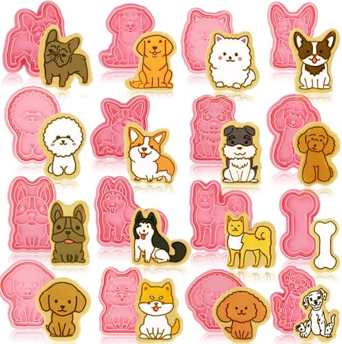 16 Pcs Dog Cookie Cutters with Plunger Stamps Set 3D Puppy Bone Shape Biscuit Cutter Funny Cartoon Cookie Stamps Stamped Embossed Dog Cookie Cutters for Treats DIY Cookie Cake Baking Supplies
